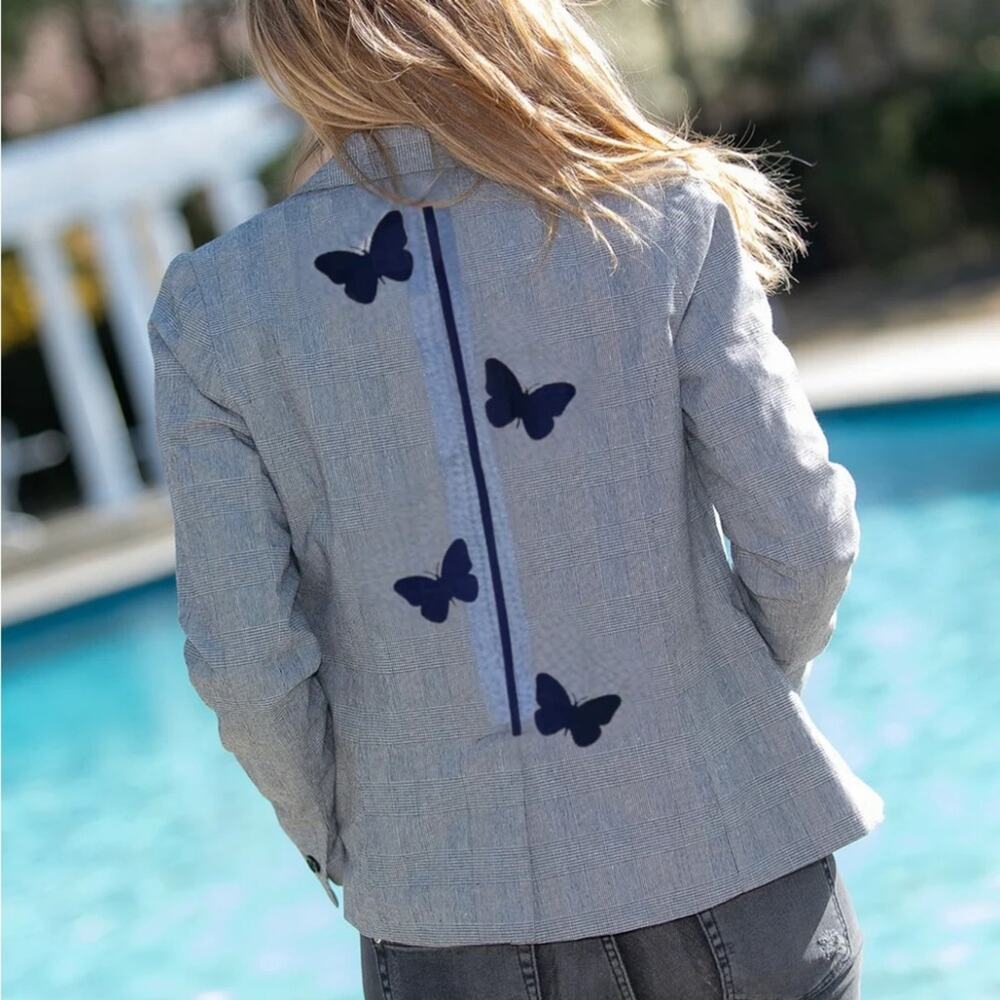 HipChik Couture Blue Glitter Butterfly Line Plaid Blazer XS Boho Artsy
